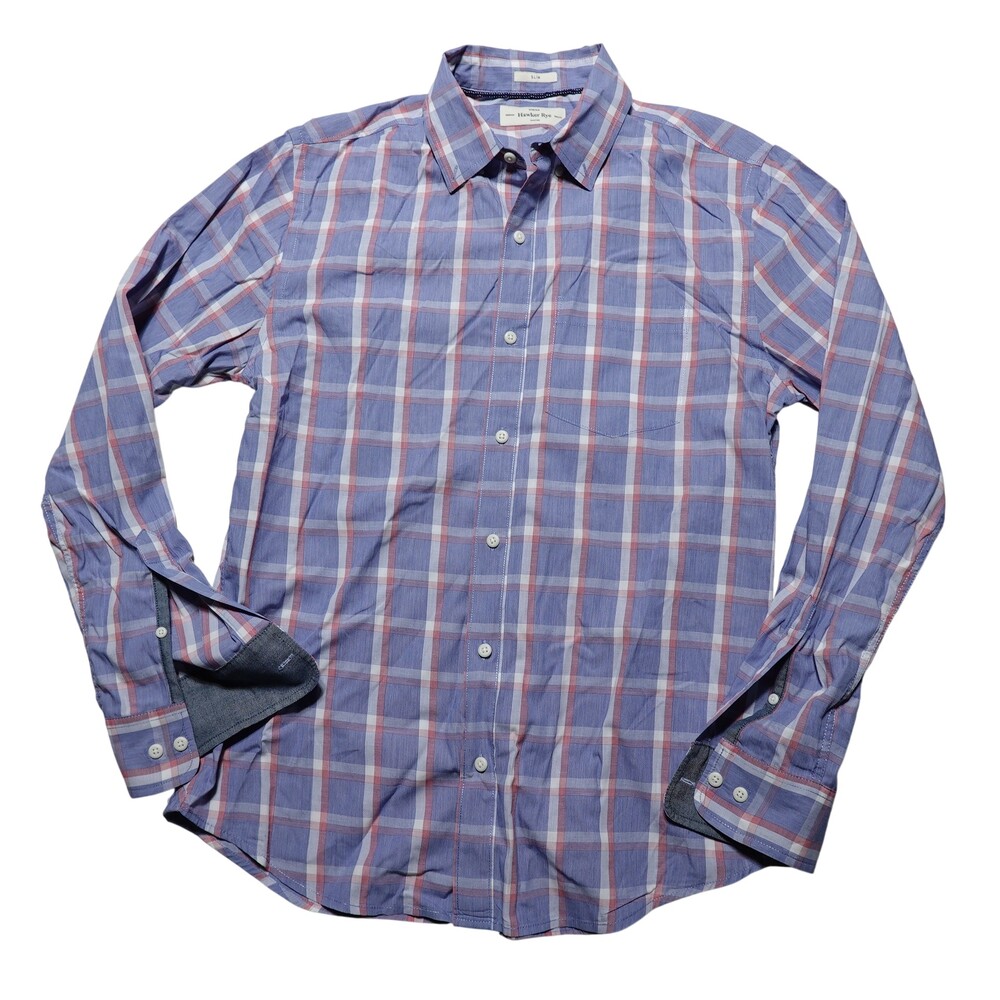 Hawker Rye Shirt Mens M Blue Plaid Long Sleeve Button Up Stretch Slim Fit Casual